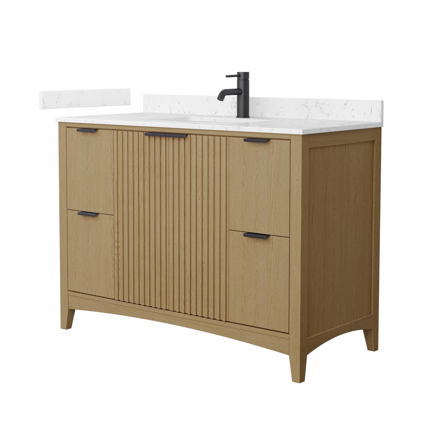 Wyndham Collection Palmilla 48" Single Bathroom Vanity in Natural Oak, Carrara Cultured Marble Countertop, Undermount Square Sink (1-Hole), Matte Black Trim