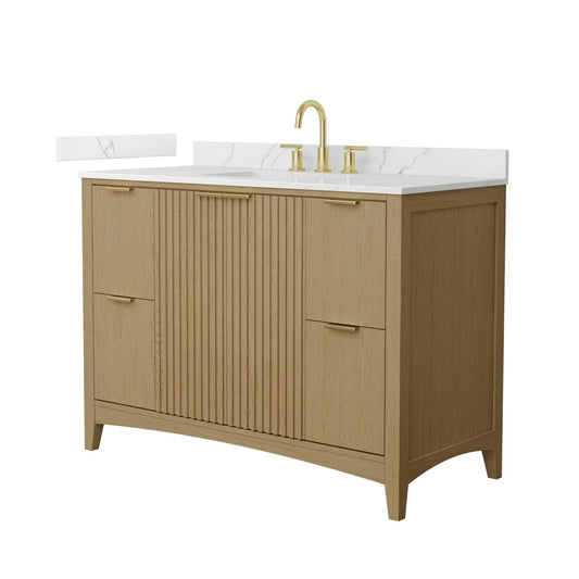 Wyndham Collection Palmilla 48" Single Bathroom Vanity in Natural Oak, Giotto Quartz Countertop, Undermount Square Sink (3-Hole), Brushed Gold Trim