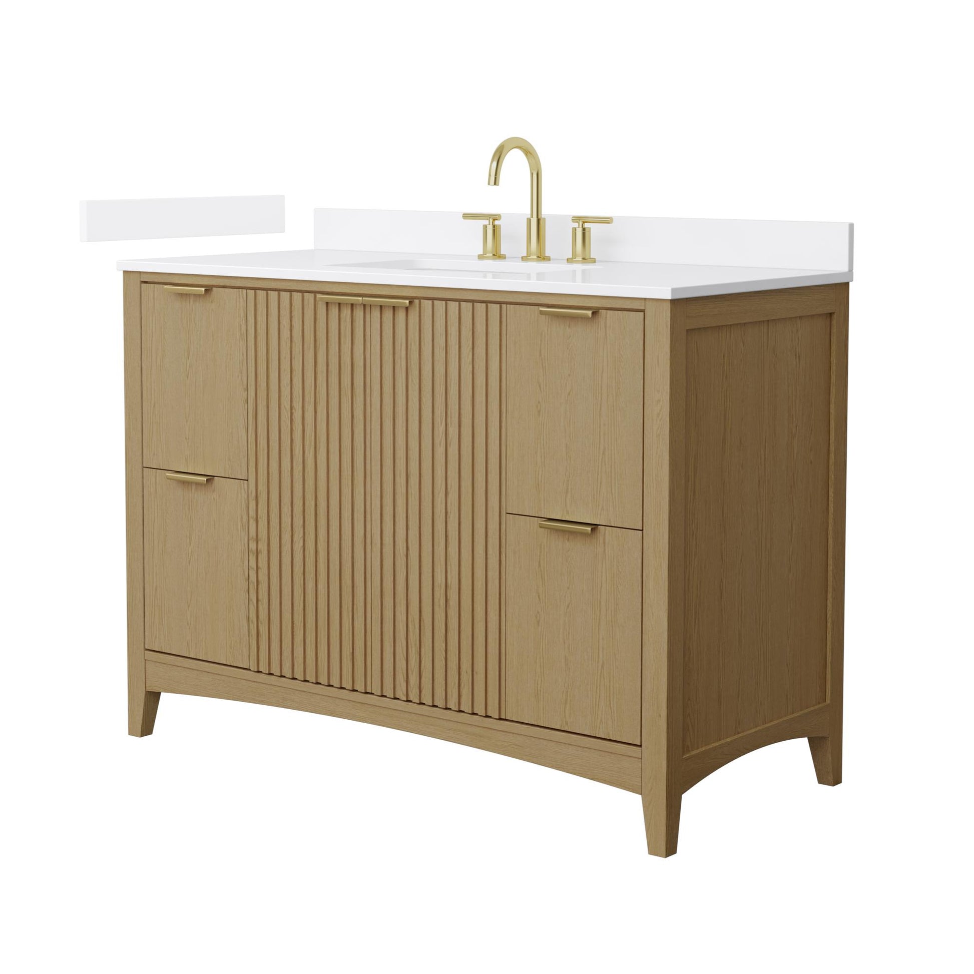 Wyndham Collection Palmilla 48" Single Bathroom Vanity in Natural Oak, White Cultured Marble Countertop, Undermount Square Sink (3-Hole), Brushed Gold Trim