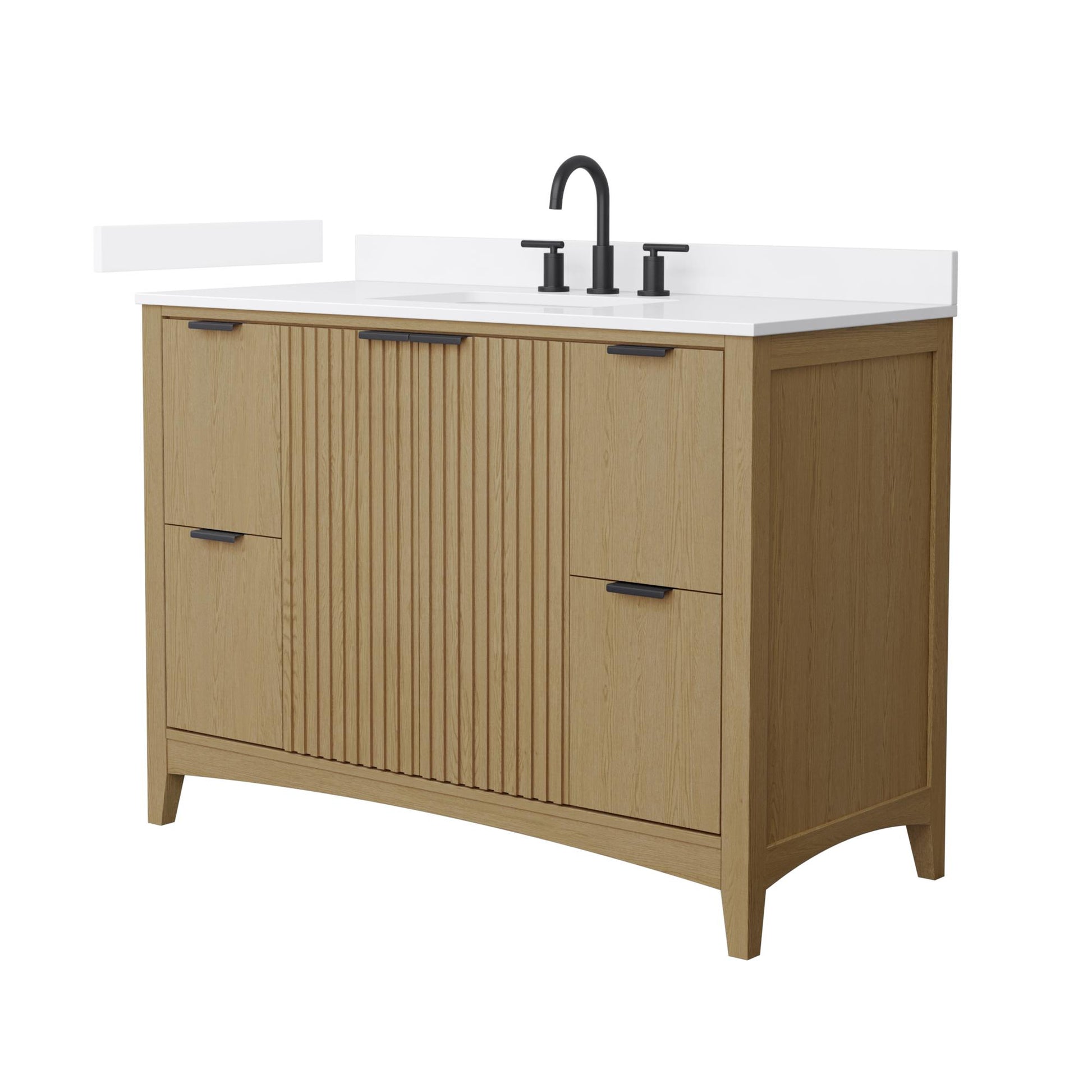Wyndham Collection Palmilla 48" Single Bathroom Vanity in Natural Oak, White Cultured Marble Countertop, Undermount Square Sink (3-Hole), Matte Black Trim