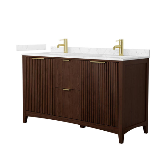 Wyndham Collection Palmilla 60" Double Bathroom Vanity in Dark Walnut, Carrara Cultured Marble Countertop, Undermount Square Sinks (1-Hole), Brushed Gold Trim