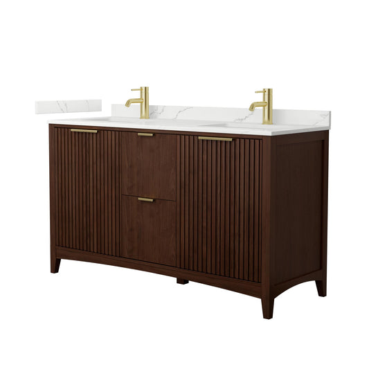 Wyndham Collection Palmilla 60" Double Bathroom Vanity in Dark Walnut, Giotto Quartz Countertop, Undermount Square Sinks (1-Hole), Brushed Gold Trim