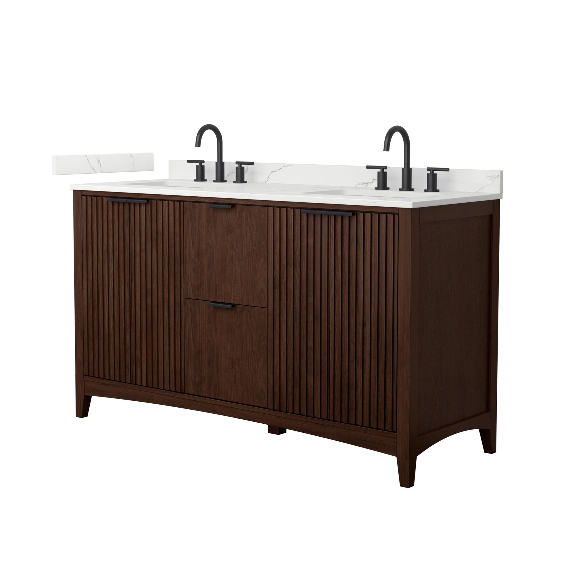 Wyndham Collection Palmilla 60" Double Bathroom Vanity in Dark Walnut, Giotto Quartz Countertop, Undermount Square Sinks (3-Hole), Matte Black Trim