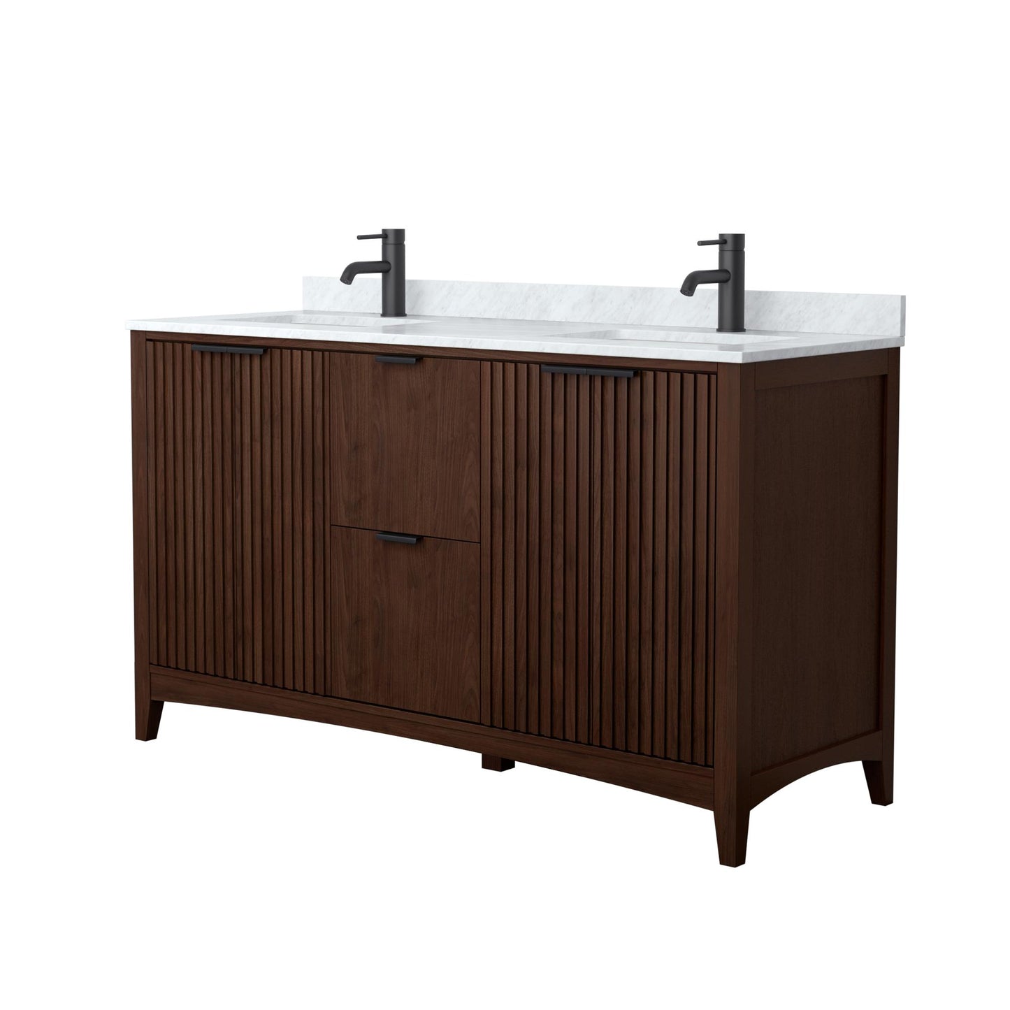 Wyndham Collection Palmilla 60" Double Bathroom Vanity in Dark Walnut, White Carrara Marble Countertop, Undermount Square Sinks (1-Hole), Matte Black Trim