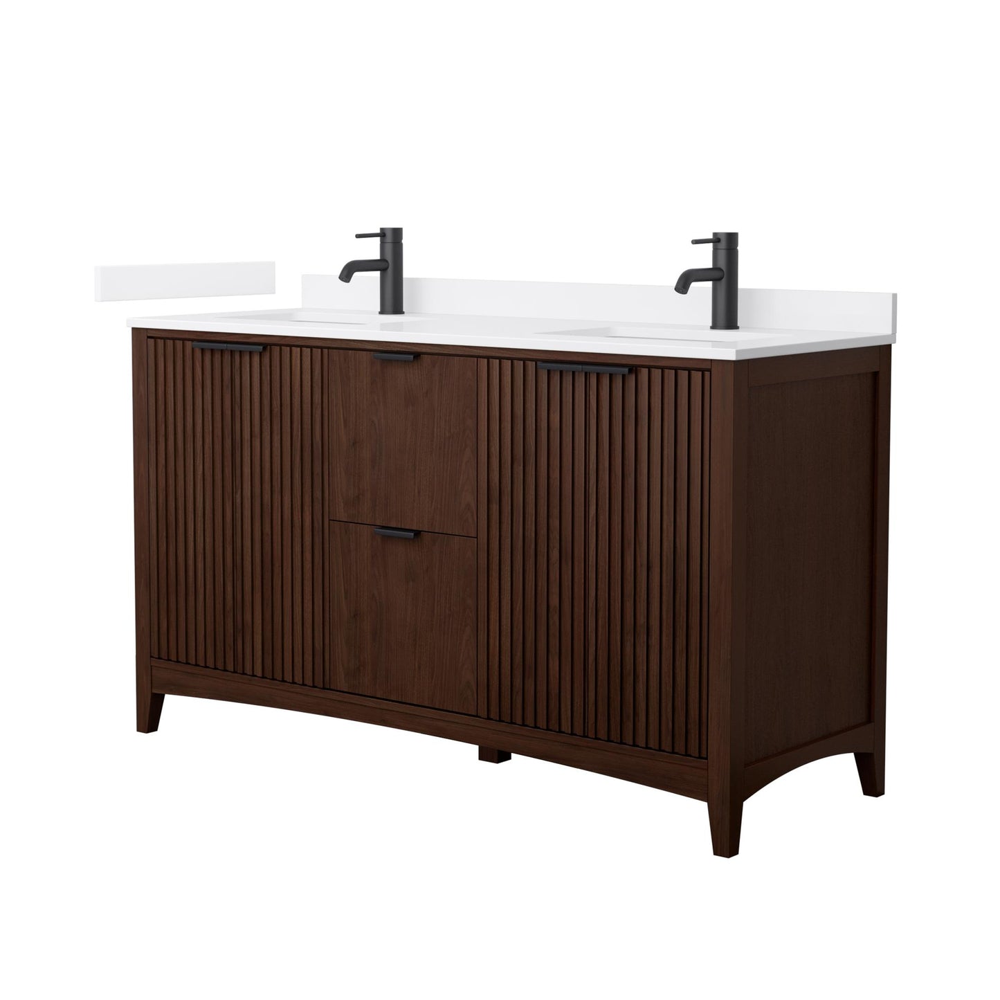 Wyndham Collection Palmilla 60" Double Bathroom Vanity in Dark Walnut, White Cultured Marble Countertop, Undermount Square Sinks (1-Hole), Matte Black Trim