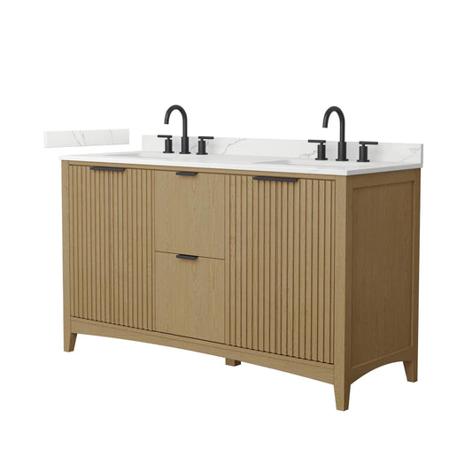 Wyndham Collection Palmilla 60" Double Bathroom Vanity in Natural Oak, Giotto Quartz Countertop, Undermount Square Sinks (3-Hole), Matte Black Trim
