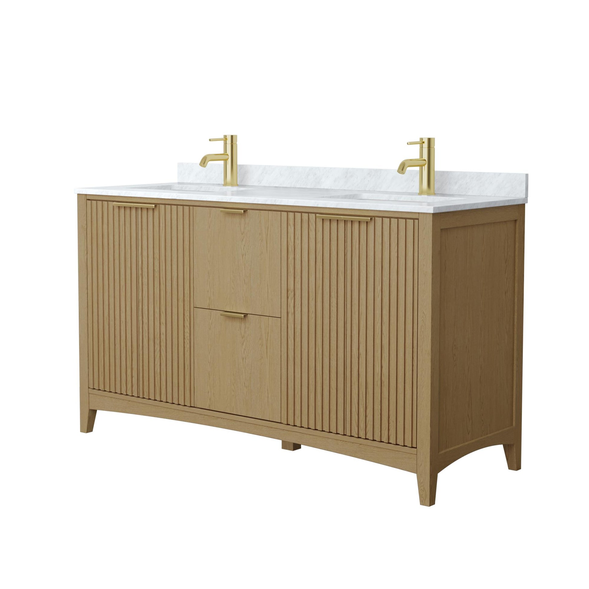 Wyndham Collection Palmilla 60" Double Bathroom Vanity in Natural Oak, White Carrara Marble Countertop, Undermount Square Sinks (1-Hole), Brushed Gold Trim