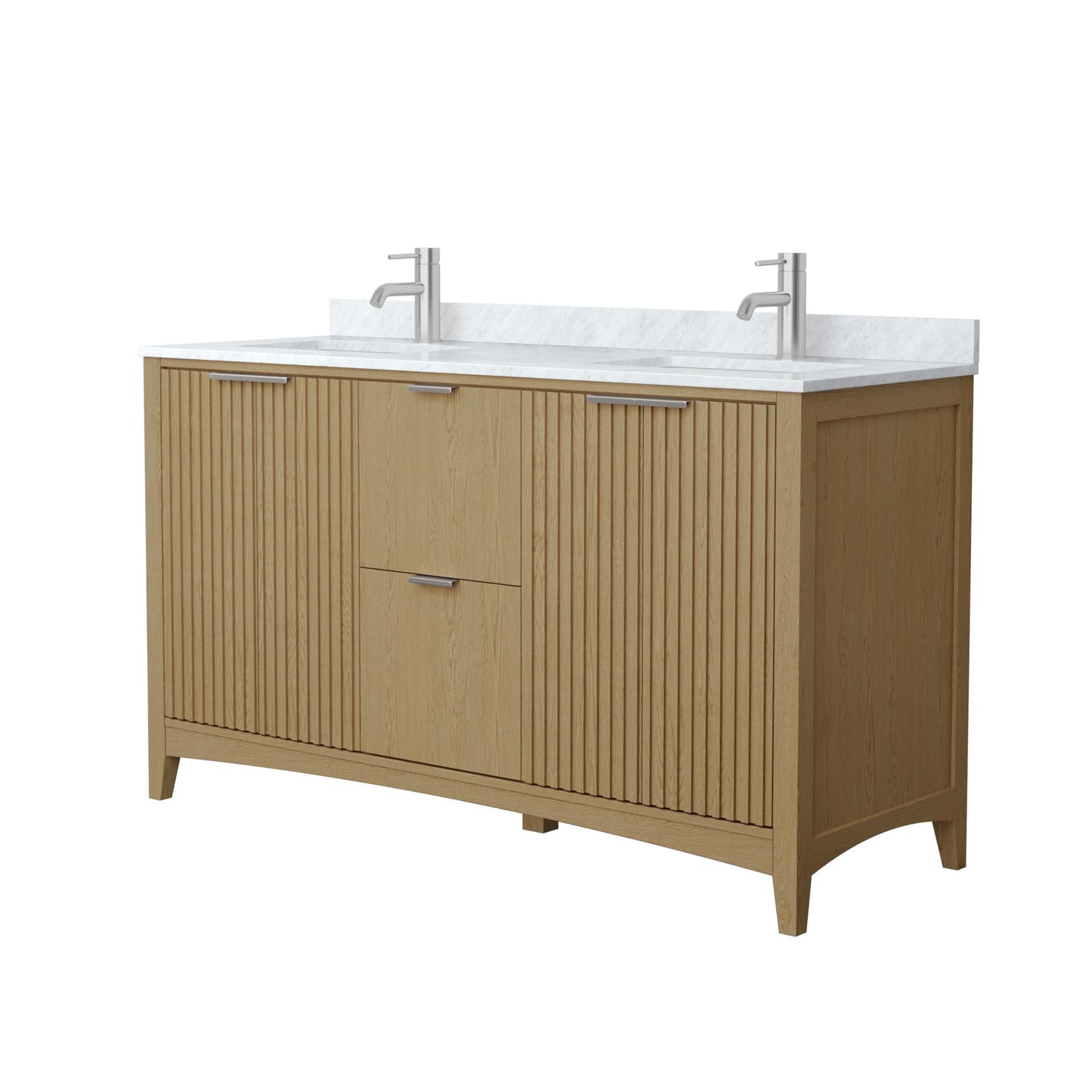 Wyndham Collection Palmilla 60" Double Bathroom Vanity in Natural Oak, White Carrara Marble Countertop, Undermount Square Sinks (1-Hole), Brushed Nickel Trim