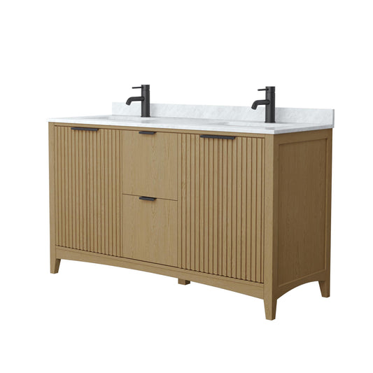 Wyndham Collection Palmilla 60" Double Bathroom Vanity in Natural Oak, White Carrara Marble Countertop, Undermount Square Sinks (1-Hole), Matte Black Trim