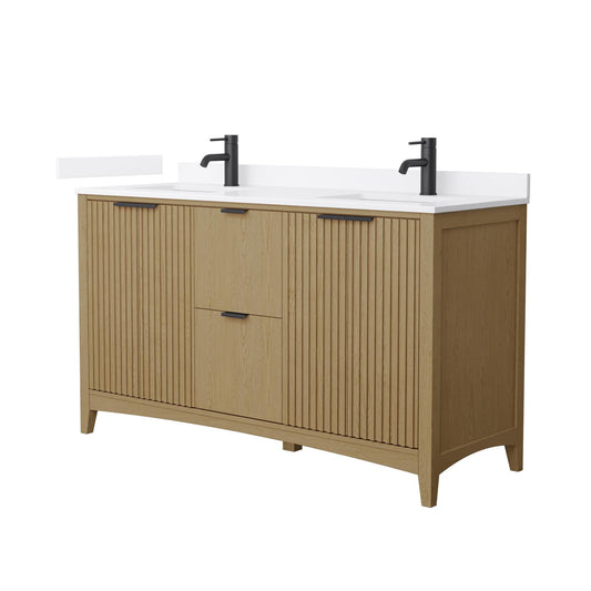 Wyndham Collection Palmilla 60" Double Bathroom Vanity in Natural Oak, White Quartz Countertop, Undermount Square Sinks (1-Hole), Matte Black Trim