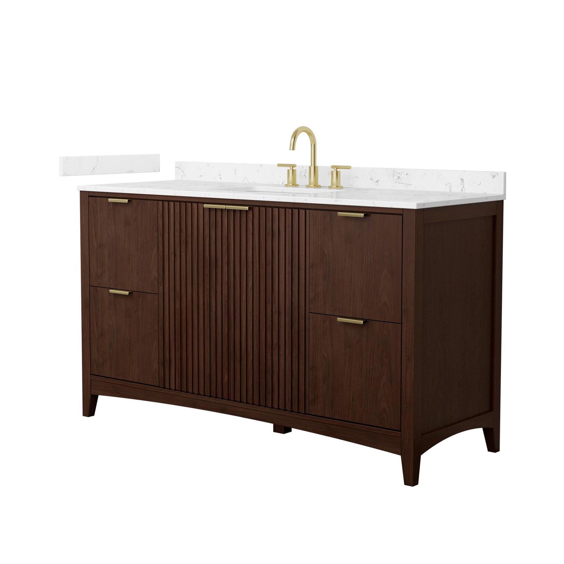 Wyndham Collection Palmilla 60" Single Bathroom Vanity in Dark Walnut, Carrara Cultured Marble Countertop, Undermount Square Sink (3-Hole), Brushed Gold Trim