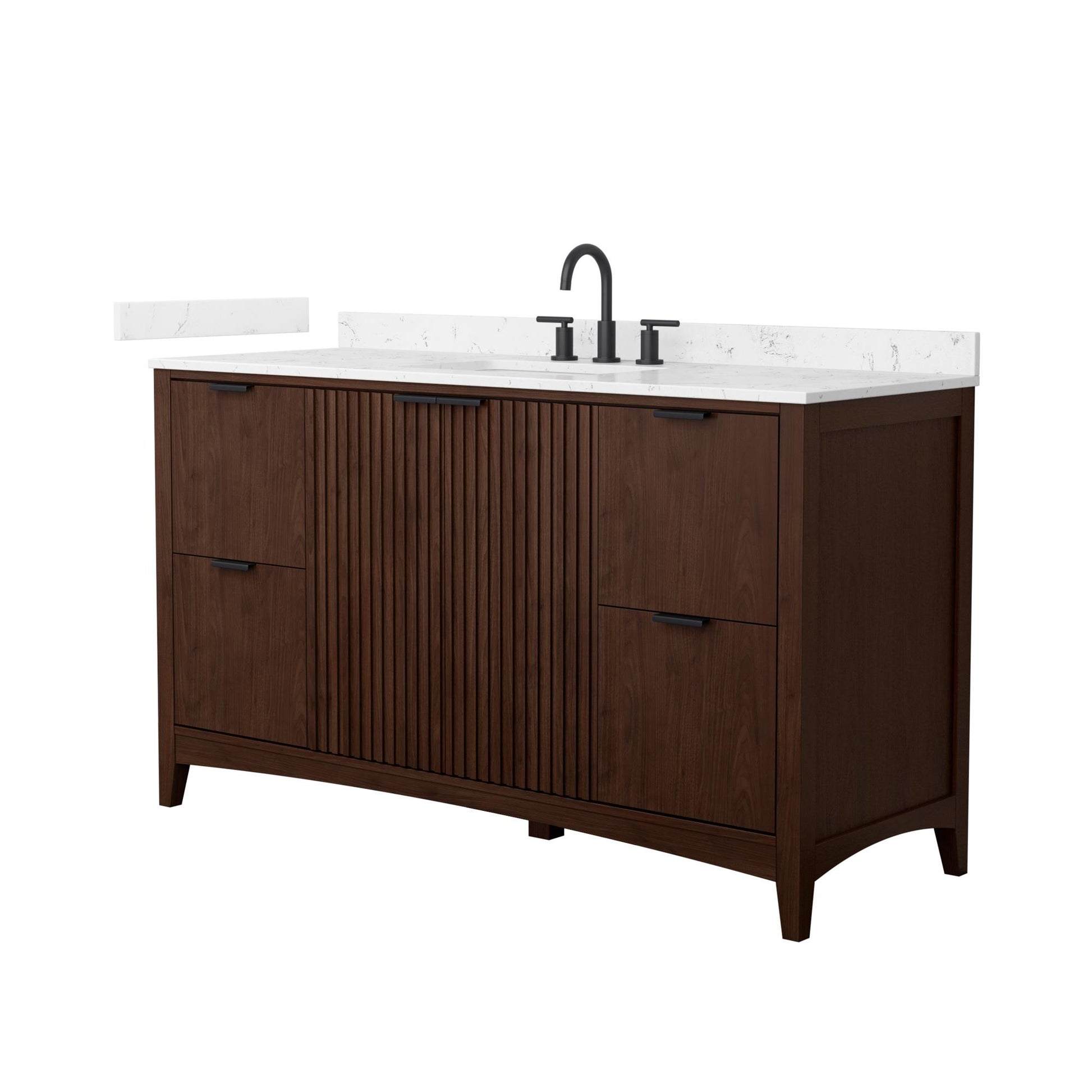 Wyndham Collection Palmilla 60" Single Bathroom Vanity in Dark Walnut, Carrara Cultured Marble Countertop, Undermount Square Sink (3-Hole), Matte Black Trim
