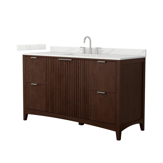 Wyndham Collection Palmilla 60" Single Bathroom Vanity in Dark Walnut, Giotto Quartz Countertop, Undermount Square Sink (3-Hole), Brushed Nickel Trim