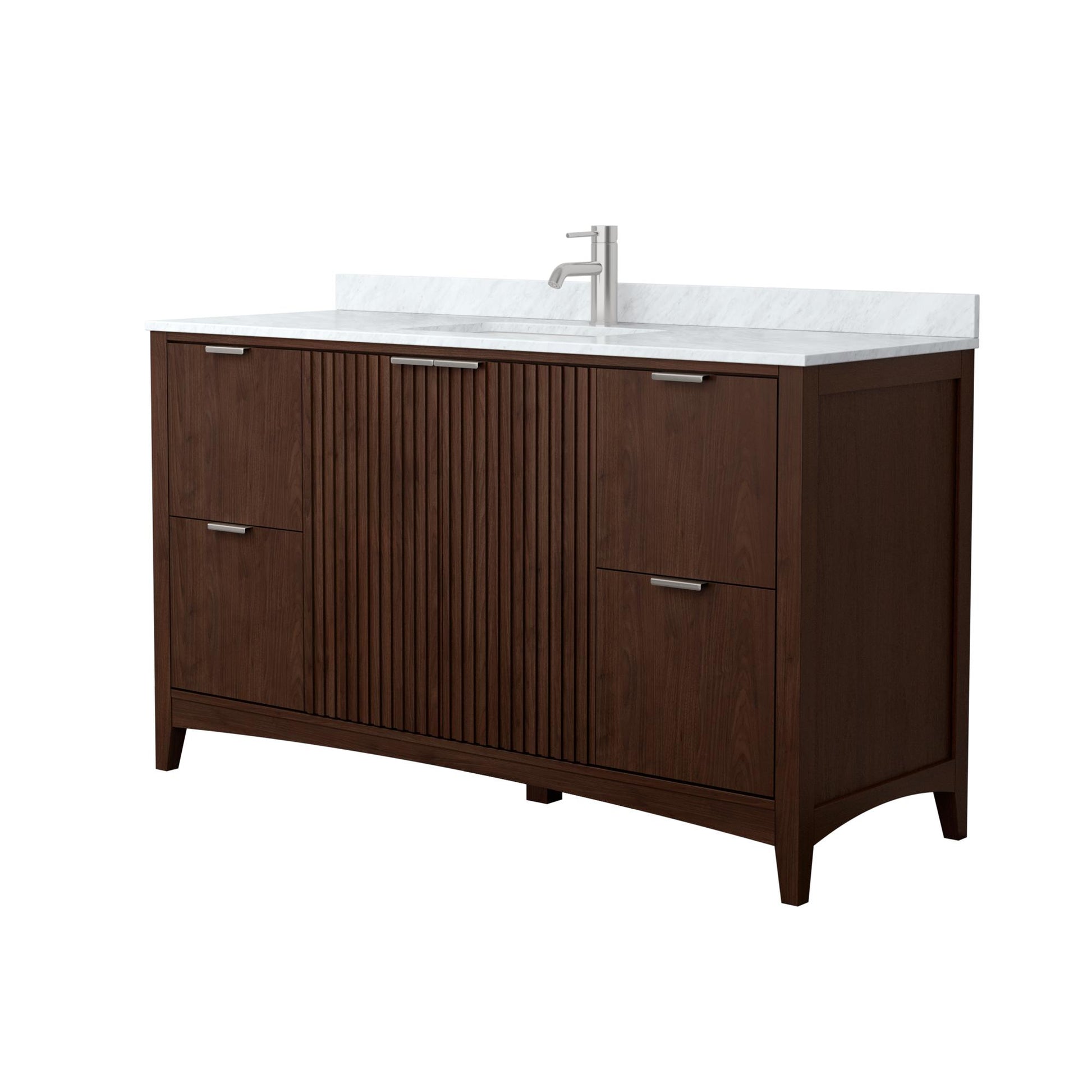 Wyndham Collection Palmilla 60" Single Bathroom Vanity in Dark Walnut, White Carrara Marble Countertop, Undermount Square Sink (1-Hole), Brushed Nickel Trim