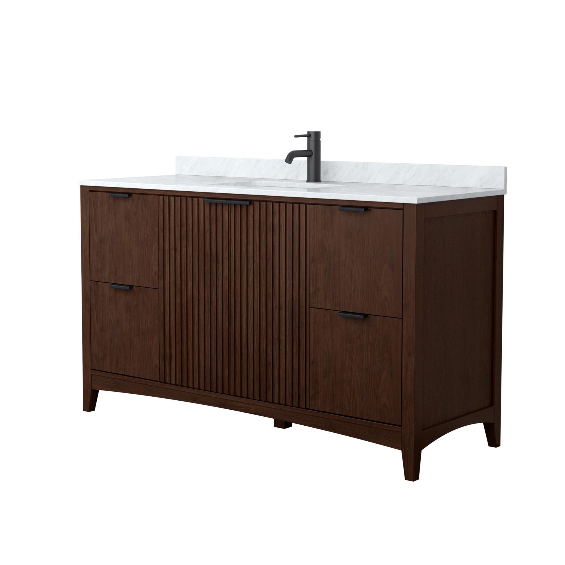 Wyndham Collection Palmilla 60" Single Bathroom Vanity in Dark Walnut, White Carrara Marble Countertop, Undermount Square Sink (1-Hole), Matte Black Trim