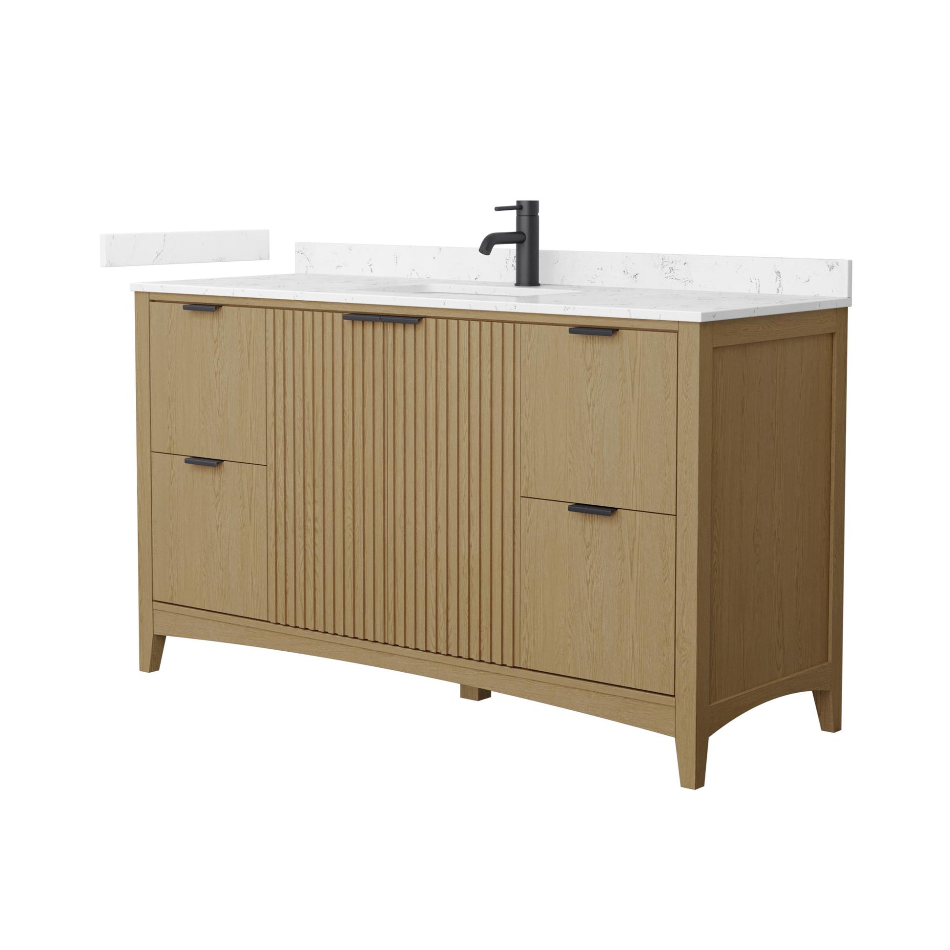 Wyndham Collection Palmilla 60" Single Bathroom Vanity in Natural Oak, Carrara Cultured Marble Countertop, Undermount Square Sink (1-Hole), Matte Black Trim