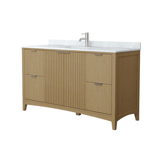 Wyndham Collection Palmilla 60" Single Bathroom Vanity in Natural Oak, White Carrara Marble Countertop, Undermount Square Sink (1-Hole), Brushed Nickel Trim