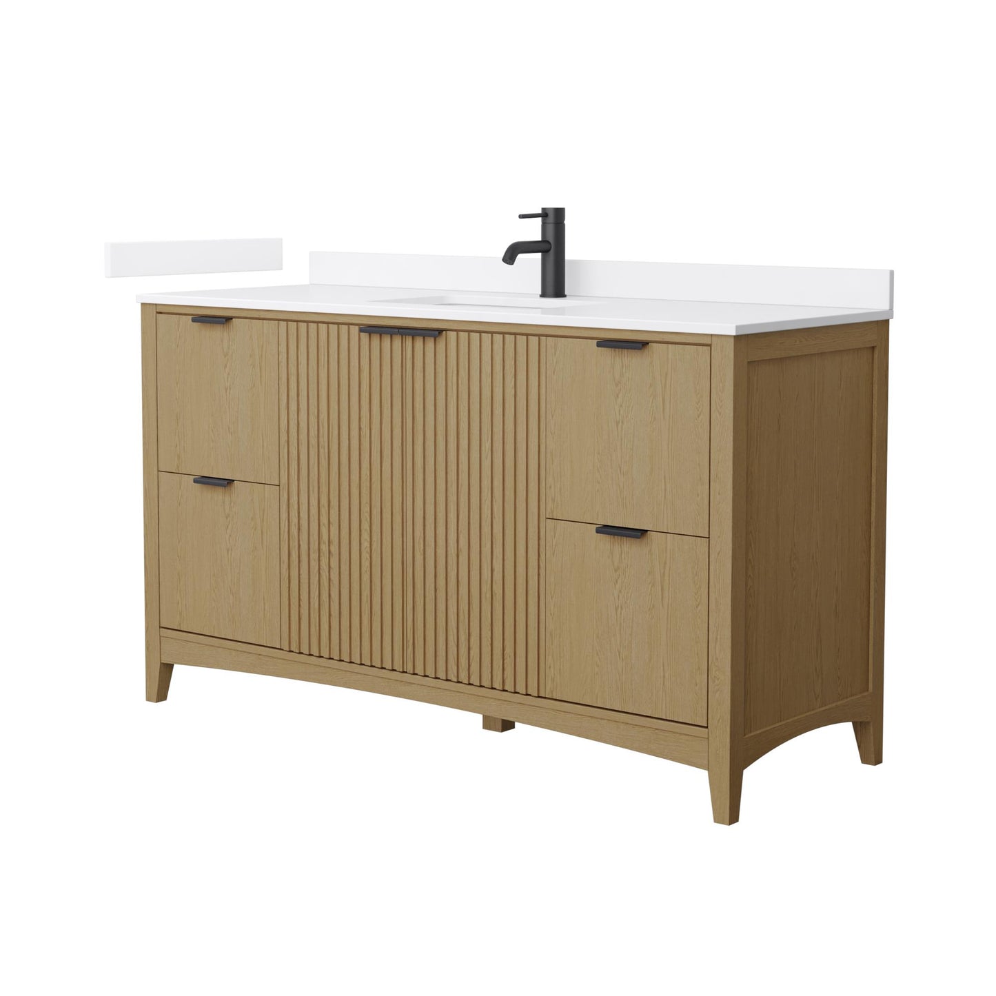 Wyndham Collection Palmilla 60" Single Bathroom Vanity in Natural Oak, White Cultured Marble Countertop, Undermount Square Sink (1-Hole), Matte Black Trim