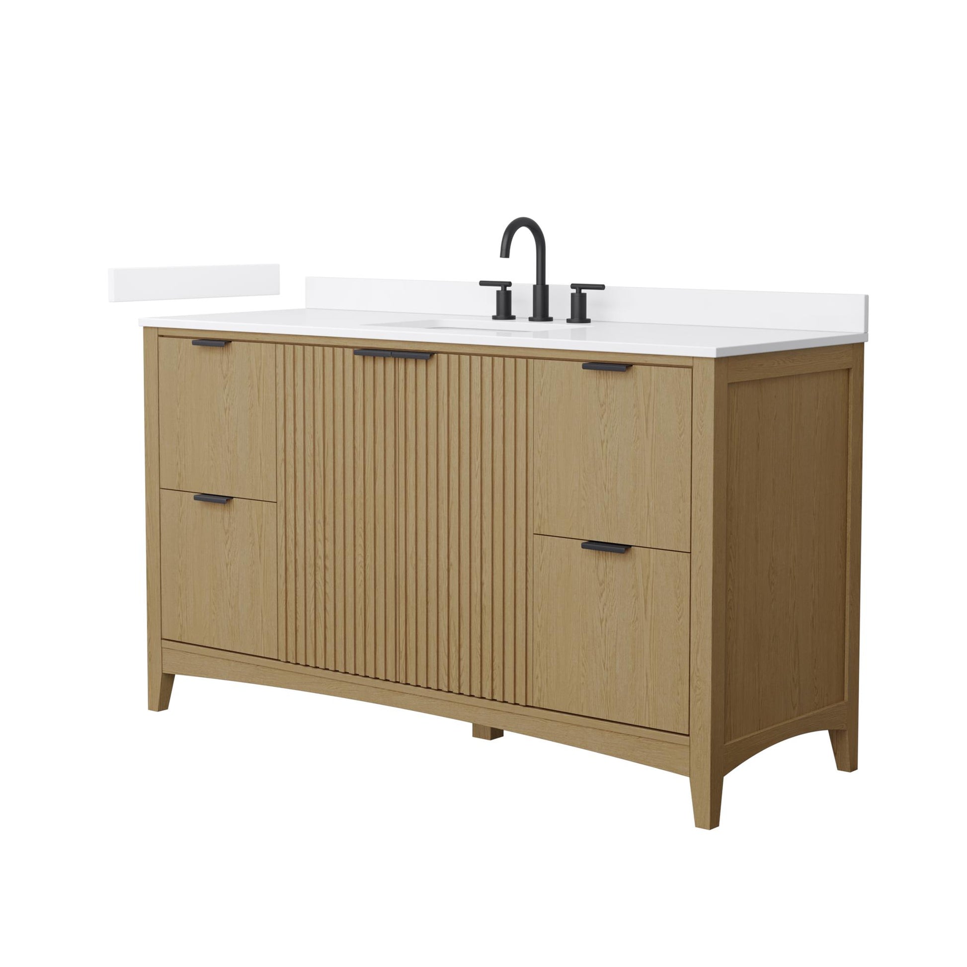Wyndham Collection Palmilla 60" Single Bathroom Vanity in Natural Oak, White Cultured Marble Countertop, Undermount Square Sink (3-Hole), Matte Black Trim
