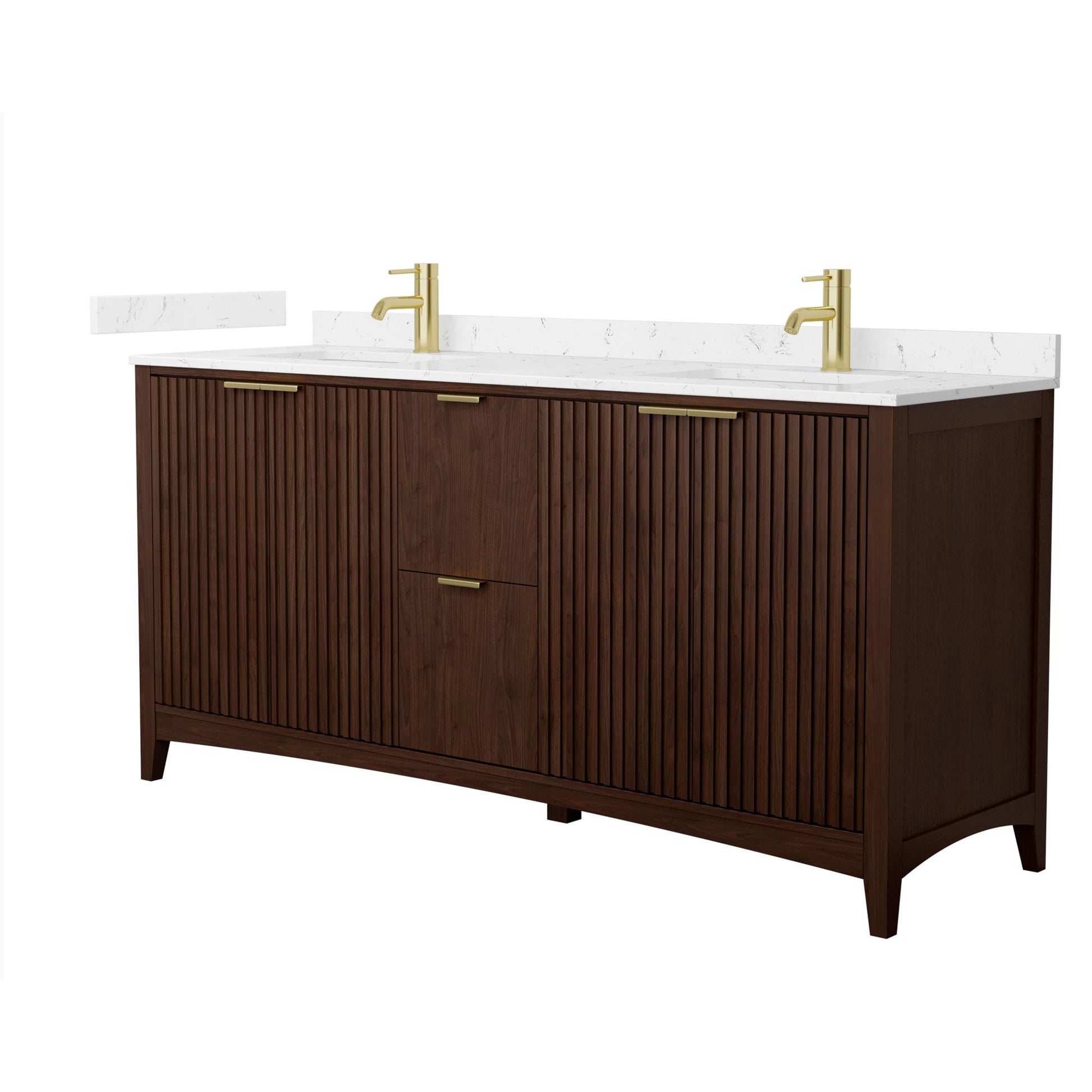 Wyndham Collection Palmilla 72" Double Bathroom Vanity in Dark Walnut, Carrara Cultured Marble Countertop, Undermount Square Sinks (1-Hole), Brushed Gold Trim