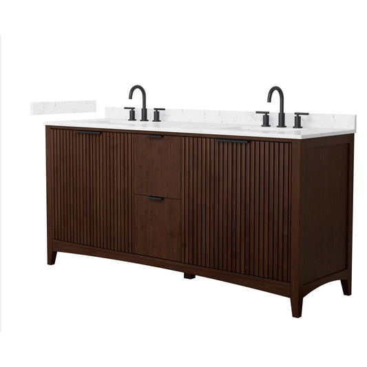 Wyndham Collection Palmilla 72" Double Bathroom Vanity in Dark Walnut, Carrara Cultured Marble Countertop, Undermount Square Sinks (3-Hole), Matte Black Trim