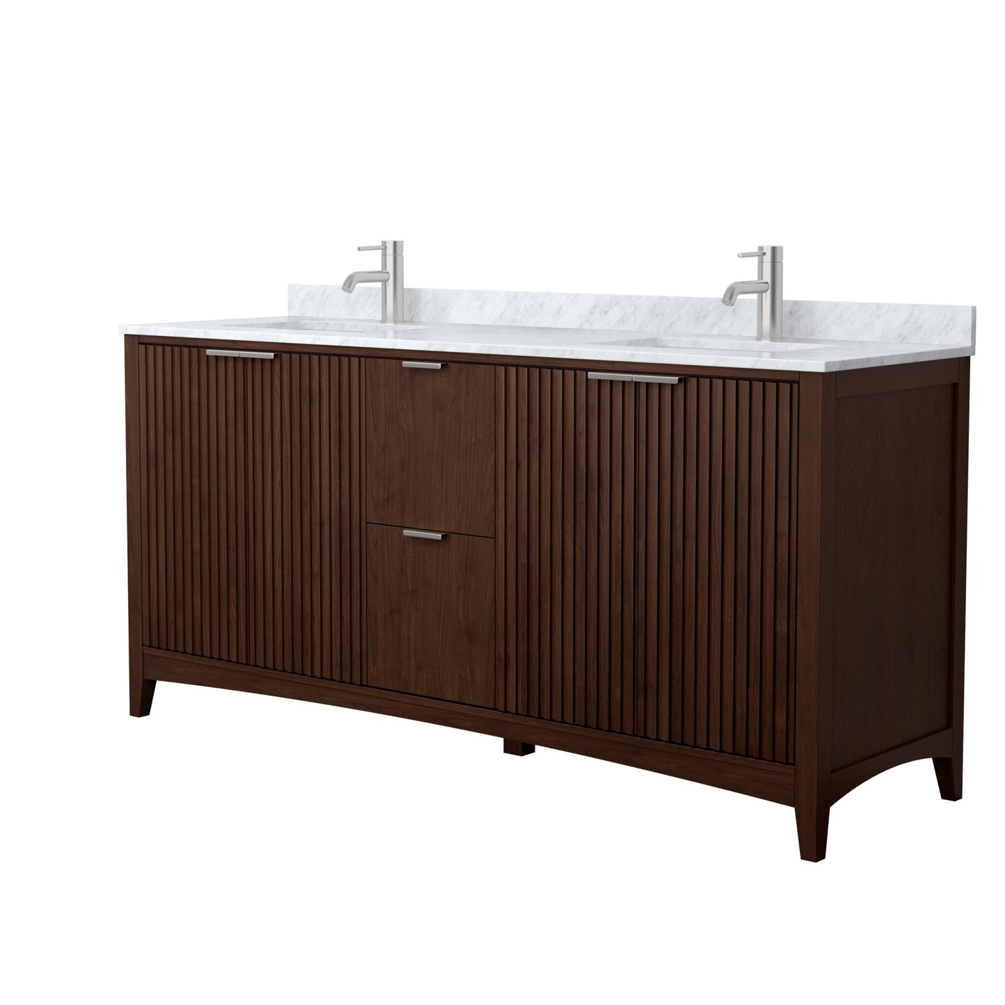 Wyndham Collection Palmilla 72" Double Bathroom Vanity in Dark Walnut, White Carrara Marble Countertop, Undermount Square Sinks (1-Hole), Brushed Nickel Trim