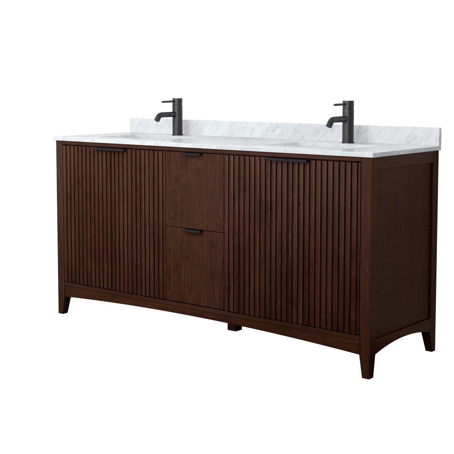Wyndham Collection Palmilla 72" Double Bathroom Vanity in Dark Walnut, White Carrara Marble Countertop, Undermount Square Sinks (1-Hole), Matte Black Trim