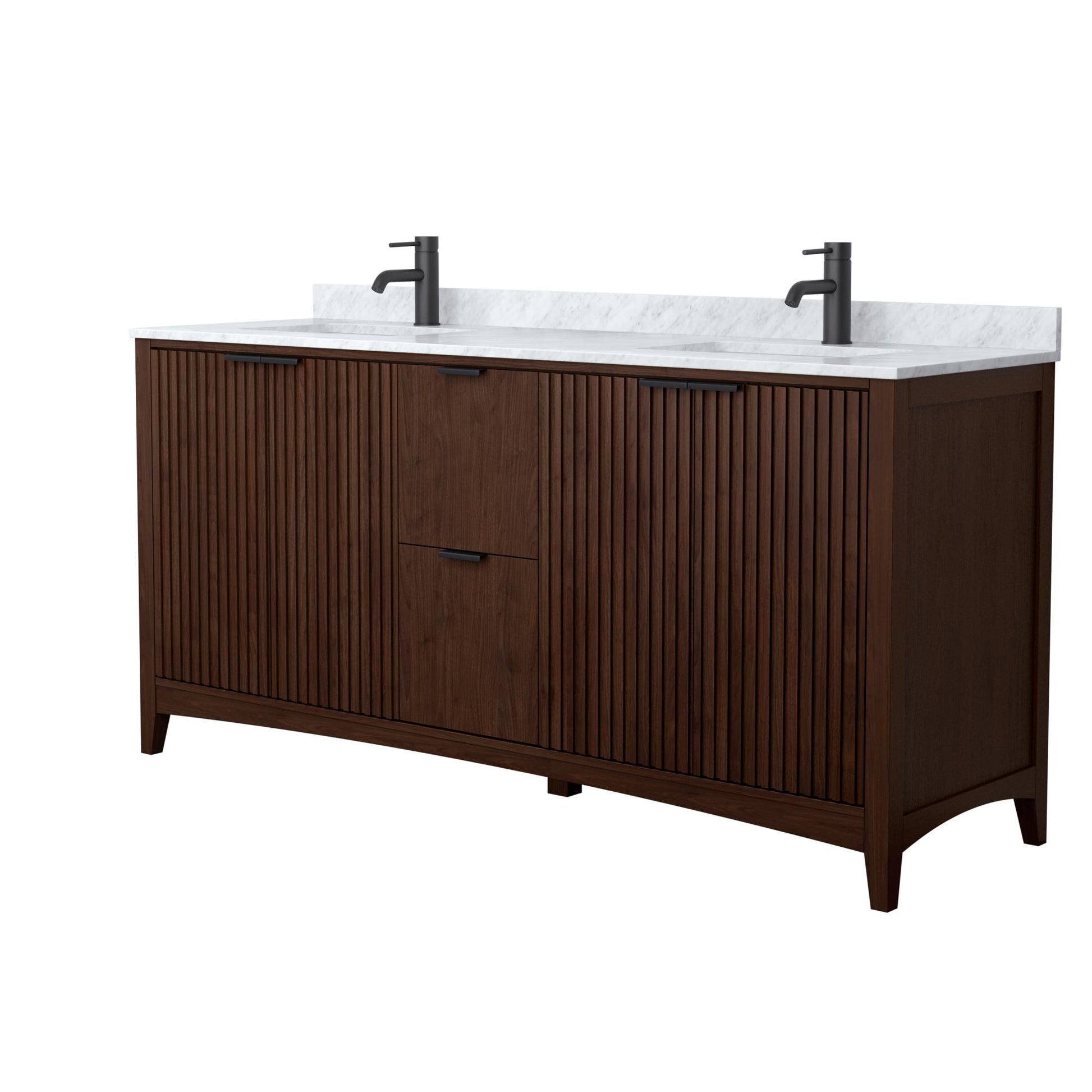 Wyndham Collection Palmilla 72" Double Bathroom Vanity in Dark Walnut, White Carrara Marble Countertop, Undermount Square Sinks (1-Hole), Matte Black Trim