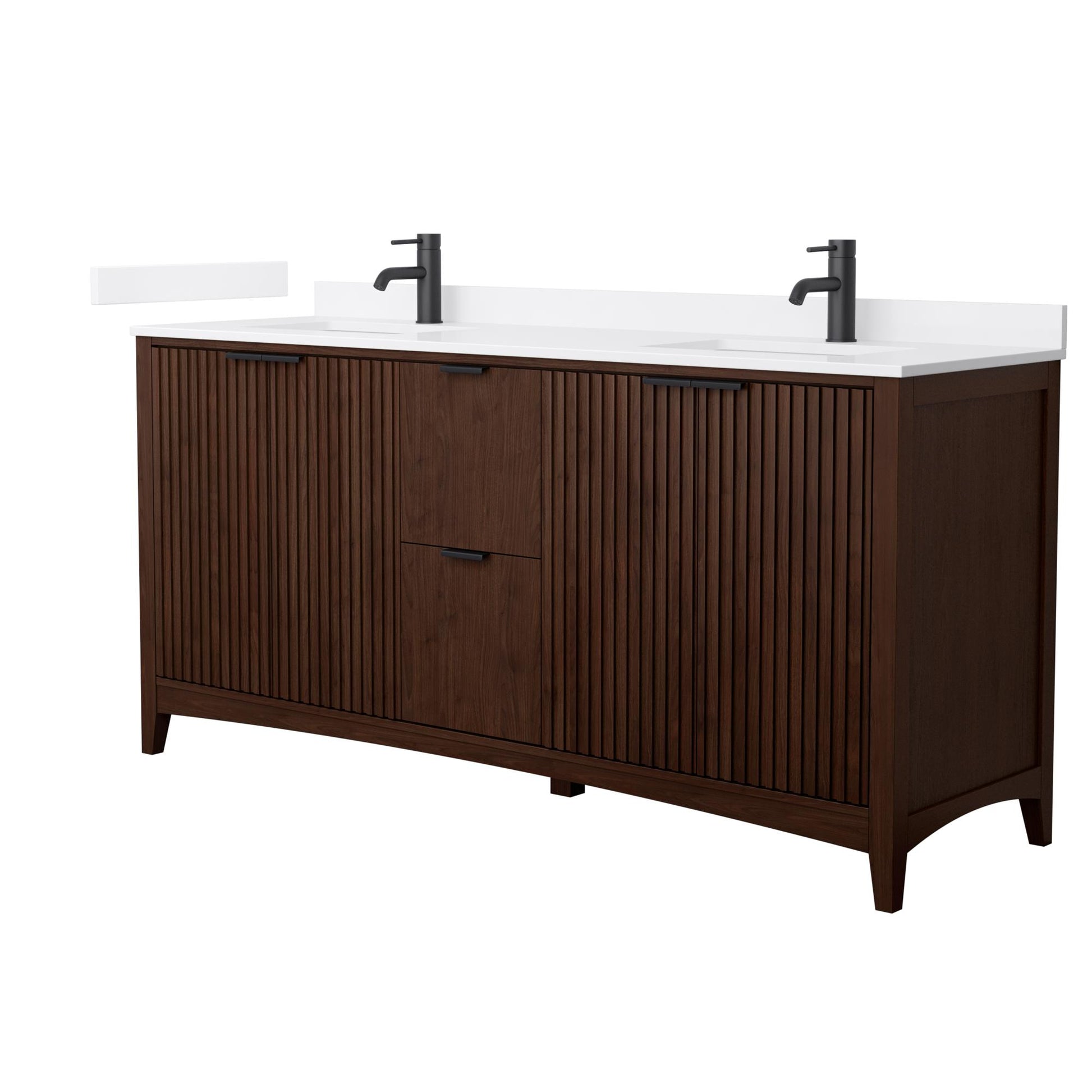 Wyndham Collection Palmilla 72" Double Bathroom Vanity in Dark Walnut, White Cultured Marble Countertop, Undermount Square Sinks (1-Hole), Matte Black Trim