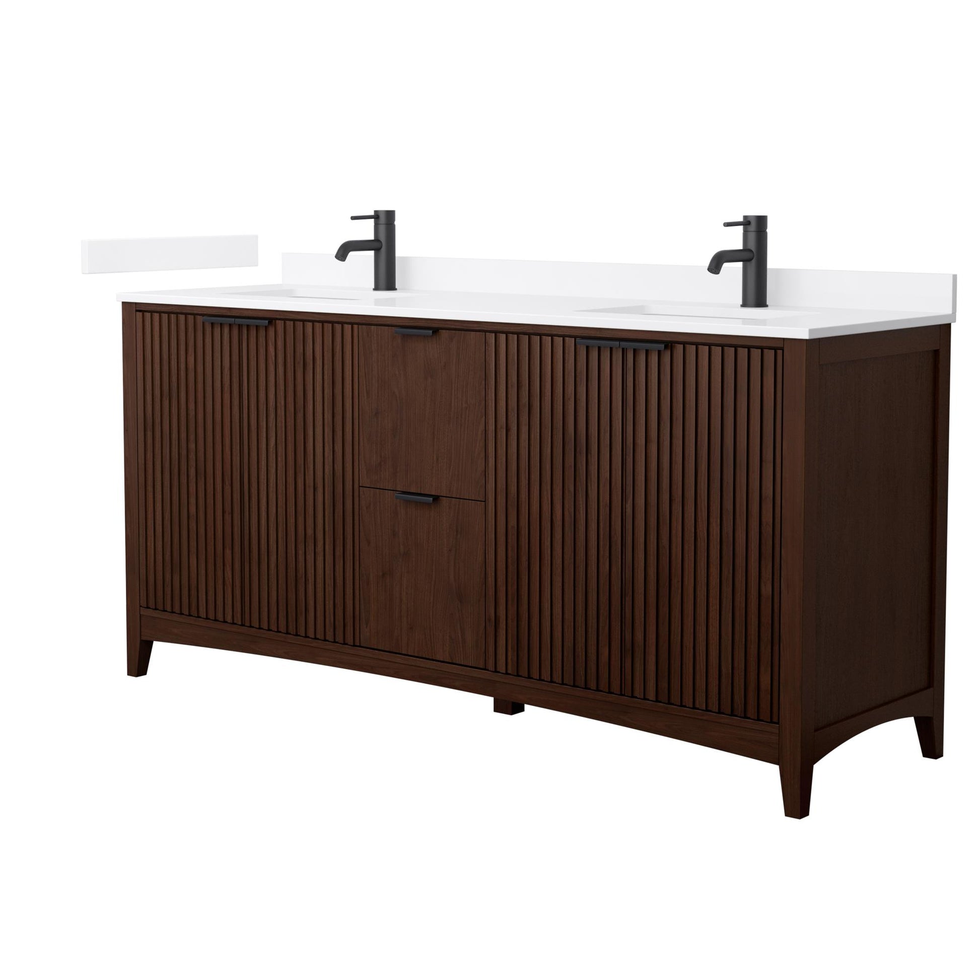 Wyndham Collection Palmilla 72" Double Bathroom Vanity in Dark Walnut, White Quartz Countertop, Undermount Square Sinks (1-Hole), Matte Black Trim