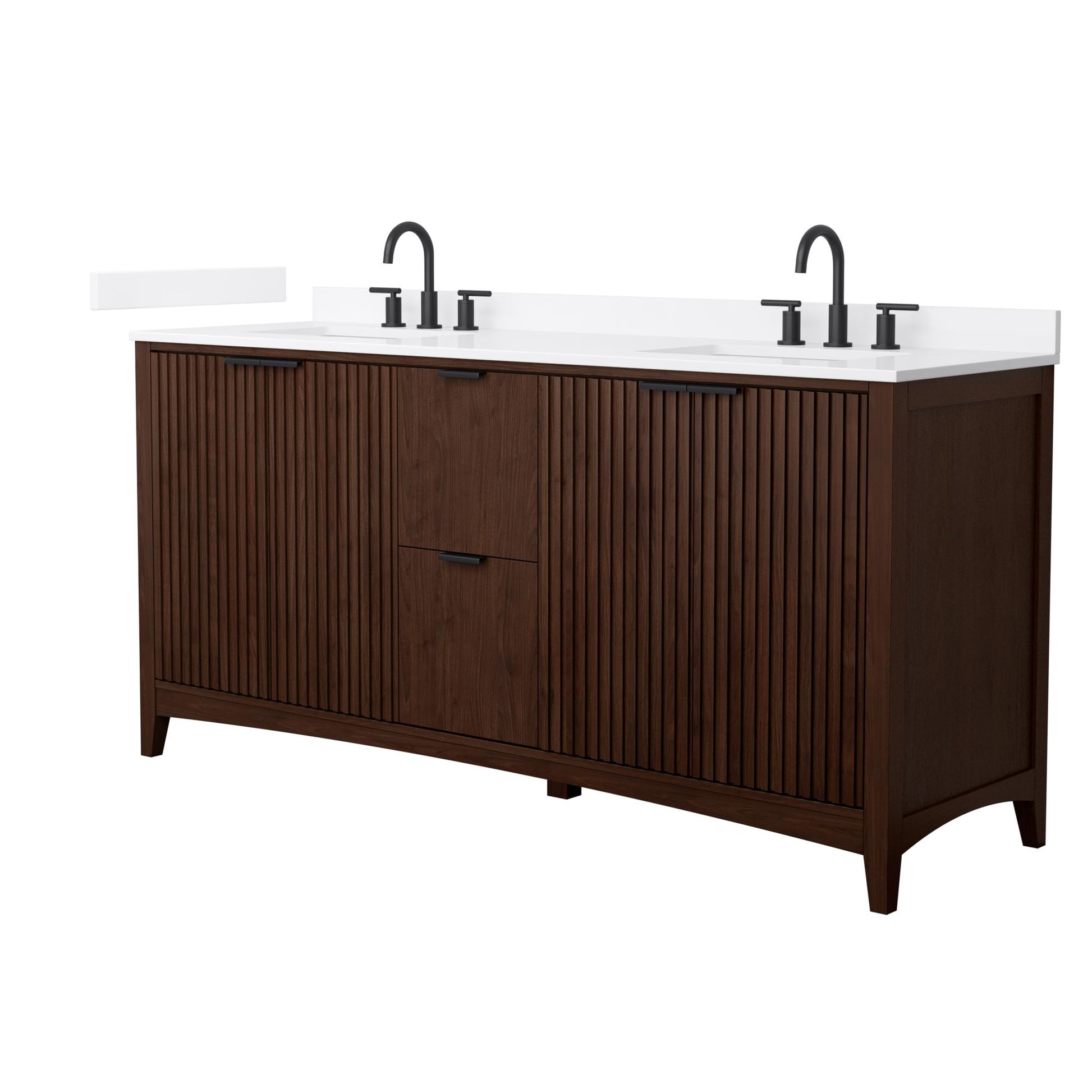 Wyndham Collection Palmilla 72" Double Bathroom Vanity in Dark Walnut, White Quartz Countertop, Undermount Square Sinks (3-Hole), Matte Black Trim