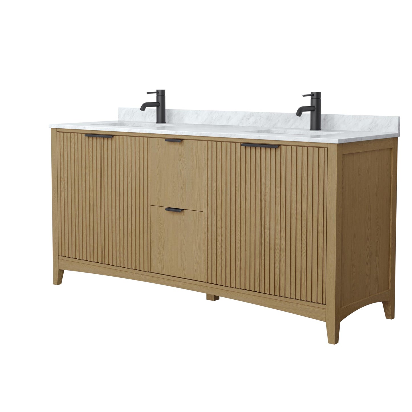 Wyndham Collection Palmilla 72" Double Bathroom Vanity in Natural Oak, White Carrara Marble Countertop, Undermount Square Sinks (1-Hole), Matte Black Trim