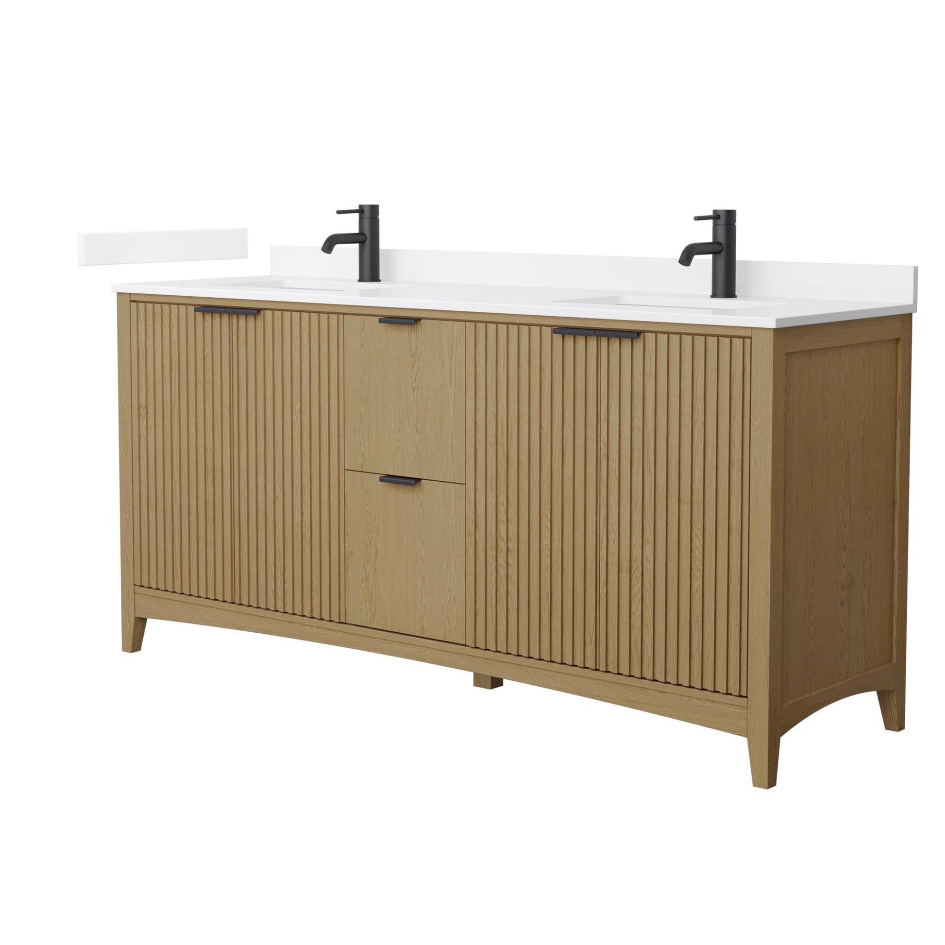 Wyndham Collection Palmilla 72" Double Bathroom Vanity in Natural Oak, White Cultured Marble Countertop, Undermount Square Sinks (1-Hole), Matte Black Trim