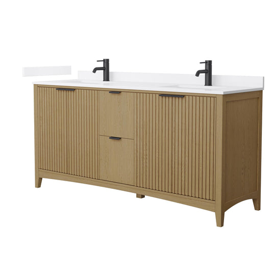 Wyndham Collection Palmilla 72" Double Bathroom Vanity in Natural Oak, White Cultured Marble Countertop, Undermount Square Sinks (1-Hole), Matte Black Trim