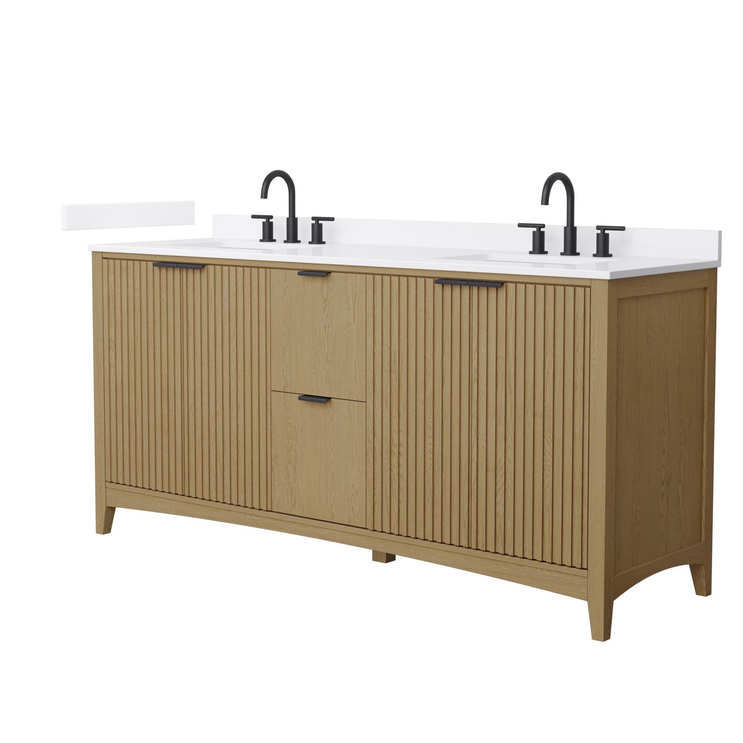 Wyndham Collection Palmilla 72" Double Bathroom Vanity in Natural Oak, White Cultured Marble Countertop, Undermount Square Sinks (3-Hole), Matte Black Trim