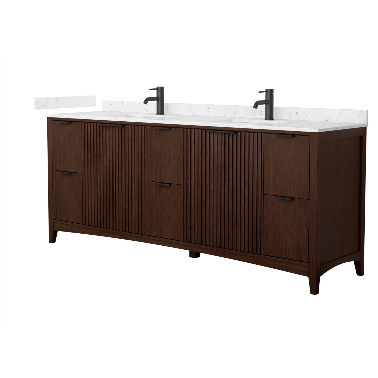 Wyndham Collection Palmilla 84" Double Bathroom Vanity in Dark Walnut, Carrara Cultured Marble Countertop, Undermount Square Sinks (1-Hole), Matte Black Trim