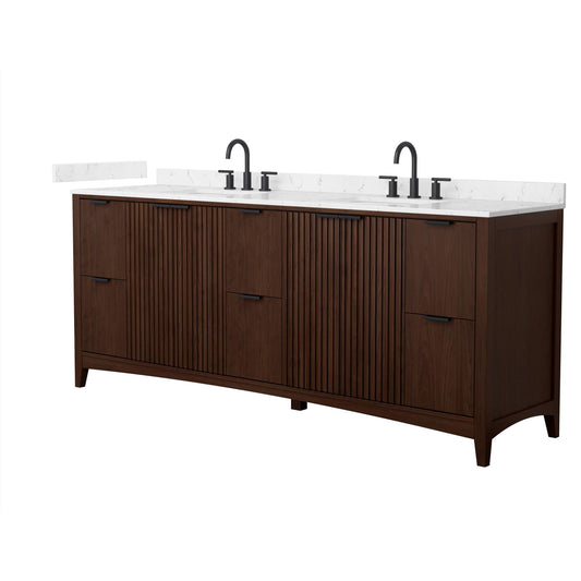 Wyndham Collection Palmilla 84" Double Bathroom Vanity in Dark Walnut, Carrara Cultured Marble Countertop, Undermount Square Sinks (3-Hole), Matte Black Trim