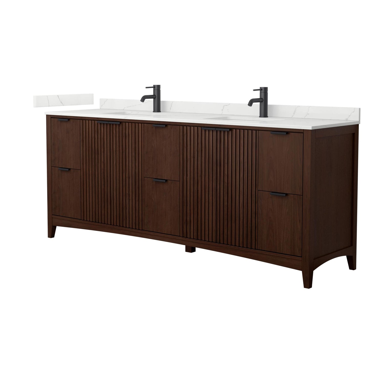 Wyndham Collection Palmilla 84" Double Bathroom Vanity in Dark Walnut, Giotto Quartz Countertop, Undermount Square Sinks (1-Hole), Matte Black Trim