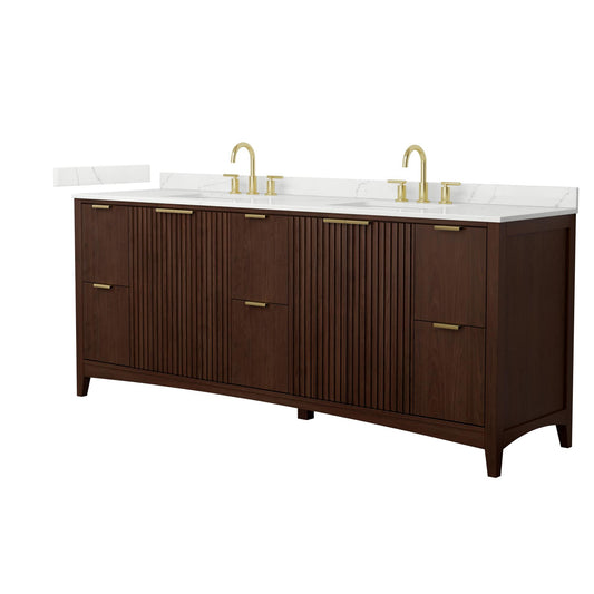 Wyndham Collection Palmilla 84" Double Bathroom Vanity in Dark Walnut, Giotto Quartz Countertop, Undermount Square Sinks (3-Hole), Brushed Gold Trim
