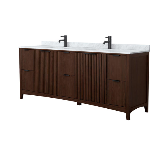 Wyndham Collection Palmilla 84" Double Bathroom Vanity in Dark Walnut, White Carrara Marble Countertop, Undermount Square Sinks (1-Hole), Matte Black Trim