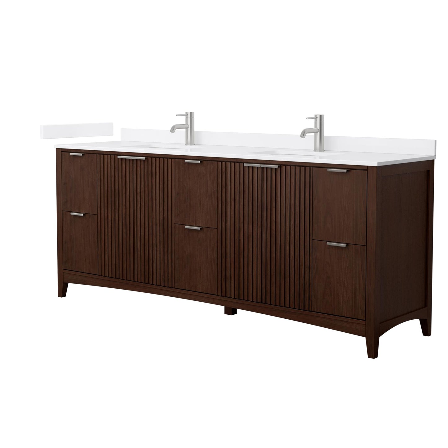 Wyndham Collection Palmilla 84" Double Bathroom Vanity in Dark Walnut, White Cultured Marble Countertop, Undermount Square Sinks (1-Hole), Brushed Nickel Trim