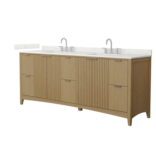 Wyndham Collection Palmilla 84" Double Bathroom Vanity in Natural Oak, Giotto Quartz Countertop, Undermount Square Sinks (3-Hole), Brushed Nickel Trim