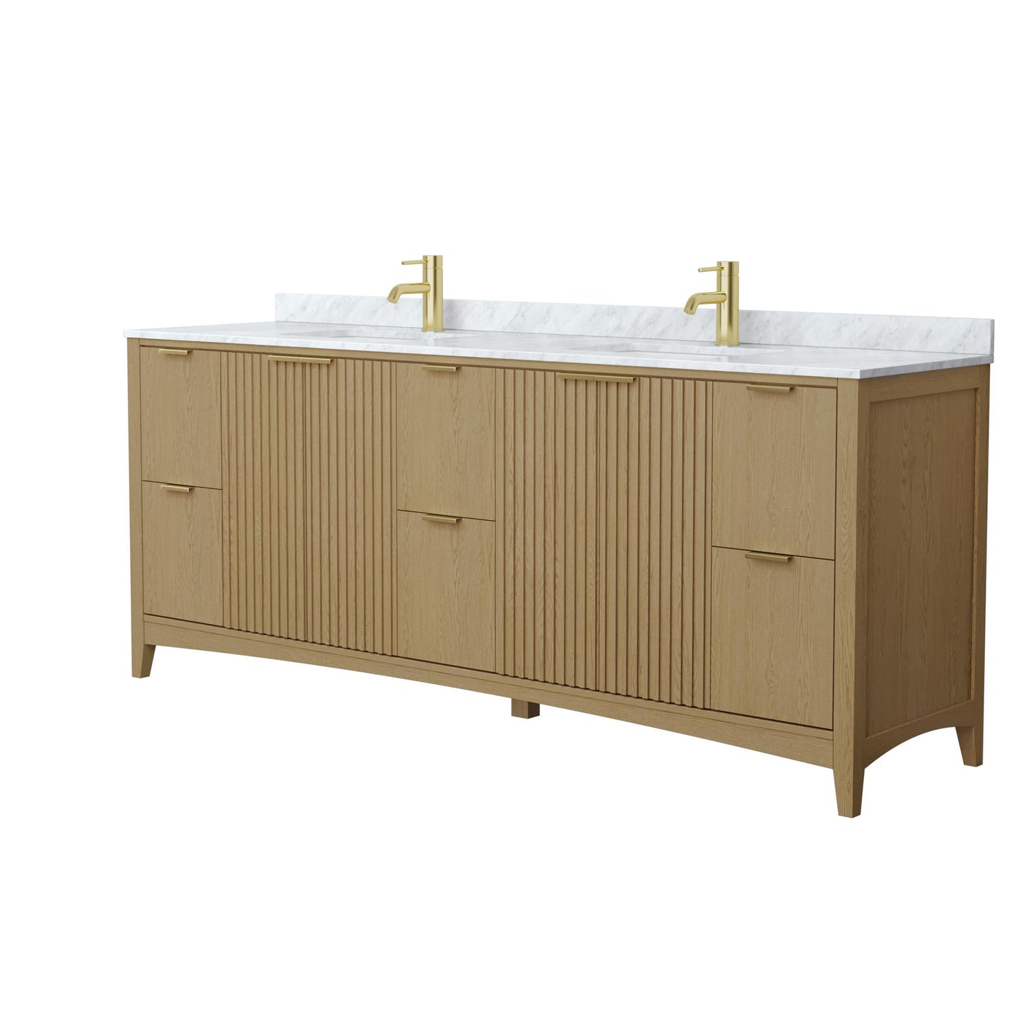 Wyndham Collection Palmilla 84" Double Bathroom Vanity in Natural Oak, White Carrara Marble Countertop, Undermount Square Sinks (1-Hole), Brushed Gold Trim
