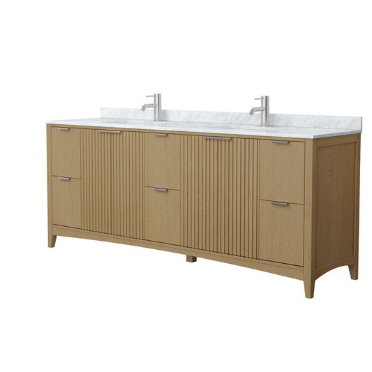 Wyndham Collection Palmilla 84" Double Bathroom Vanity in Natural Oak, White Carrara Marble Countertop, Undermount Square Sinks (1-Hole), Brushed Nickel Trim