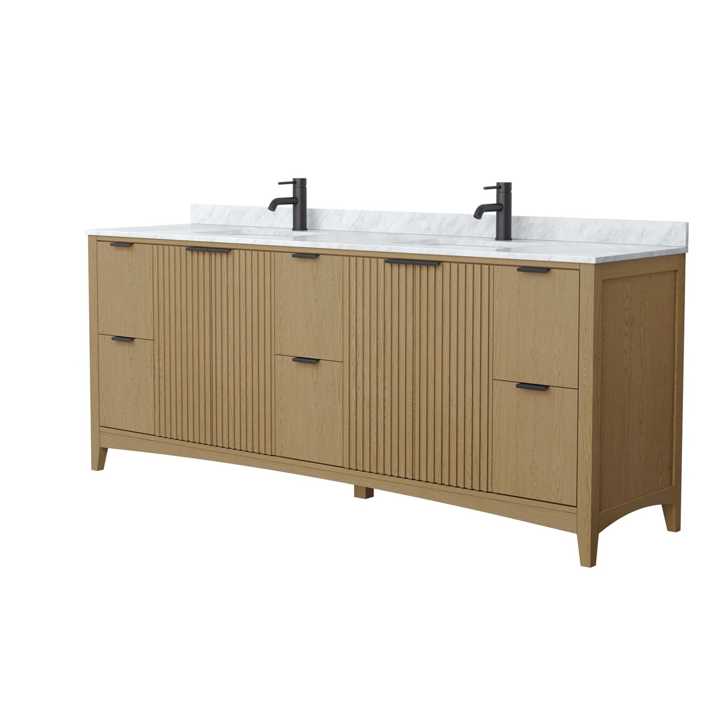 Wyndham Collection Palmilla 84" Double Bathroom Vanity in Natural Oak, White Carrara Marble Countertop, Undermount Square Sinks (1-Hole), Matte Black Trim