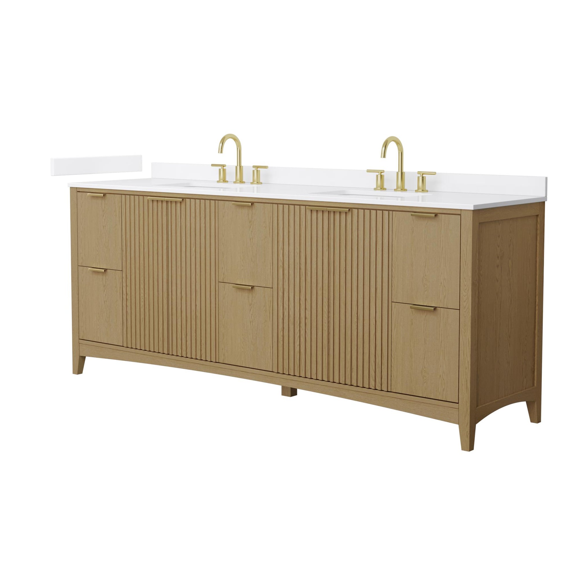 Wyndham Collection Palmilla 84" Double Bathroom Vanity in Natural Oak, White Cultured Marble Countertop, Undermount Square Sinks (3-Hole), Brushed Gold Trim