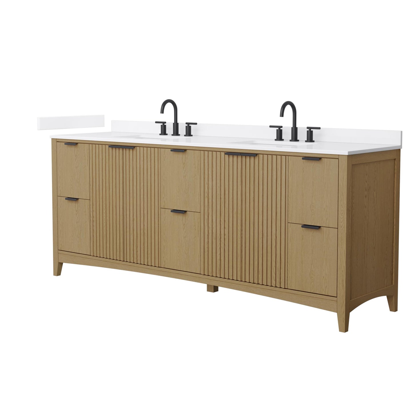 Wyndham Collection Palmilla 84" Double Bathroom Vanity in Natural Oak, White Cultured Marble Countertop, Undermount Square Sinks (3-Hole), Matte Black Trim