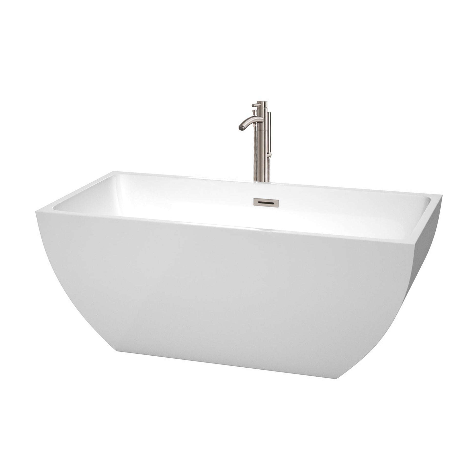 Wyndham Collection Rachel 59" Freestanding Bathtub in White With Floor Mounted Faucet, Drain and Overflow Trim in Brushed Nickel