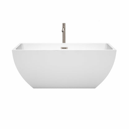 Wyndham Collection Rachel 59" Freestanding Bathtub in White With Floor Mounted Faucet, Drain and Overflow Trim in Brushed Nickel