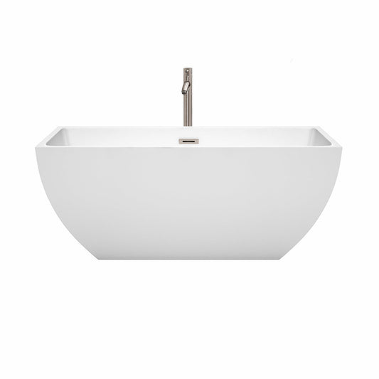 Wyndham Collection Rachel 59" Freestanding Bathtub in White With Floor Mounted Faucet, Drain and Overflow Trim in Brushed Nickel